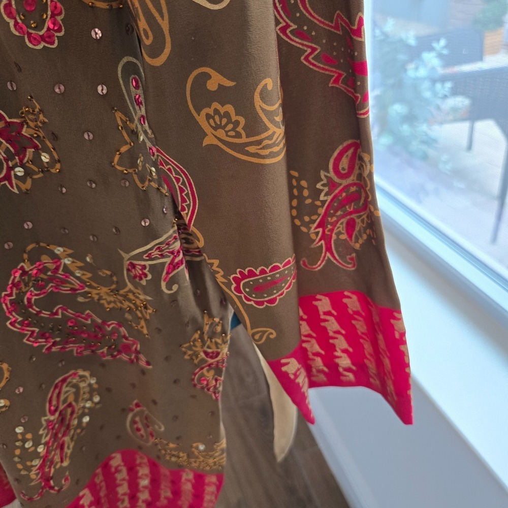 Diane Gilman Tunic Women Large Brown Silk Paisley Sequin Long Blouse - Picture 7 of 9